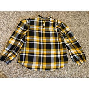 New York & Company Women L/S Pullover Blouse Ruffle Collar Gold Black Size L